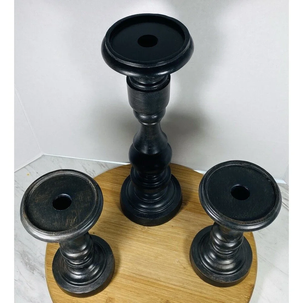 Hobby lobby Set of 3 Black Wood Pedestal Candlestick Holders 13.5” and 8.15”